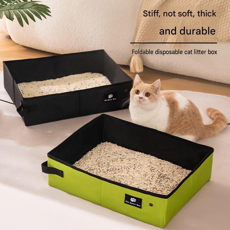 Green Large size Portable Foldable Cat Litter Box - Oxford Fabric Waterproof pet Travel Toilet with High Walls, Lightweight 350g Design for Road Trips Camping and Pet Transport