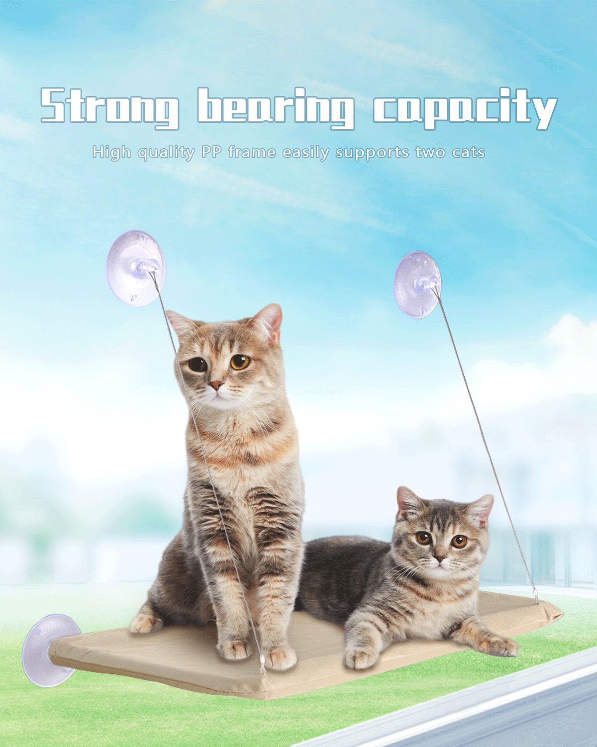 Light Grey Cat Window Tanning Hammock - 4 Strong Suction Cups & Durable Oxford Removable Cover, Space Saving Bed for Indoor Cats Sunbathing