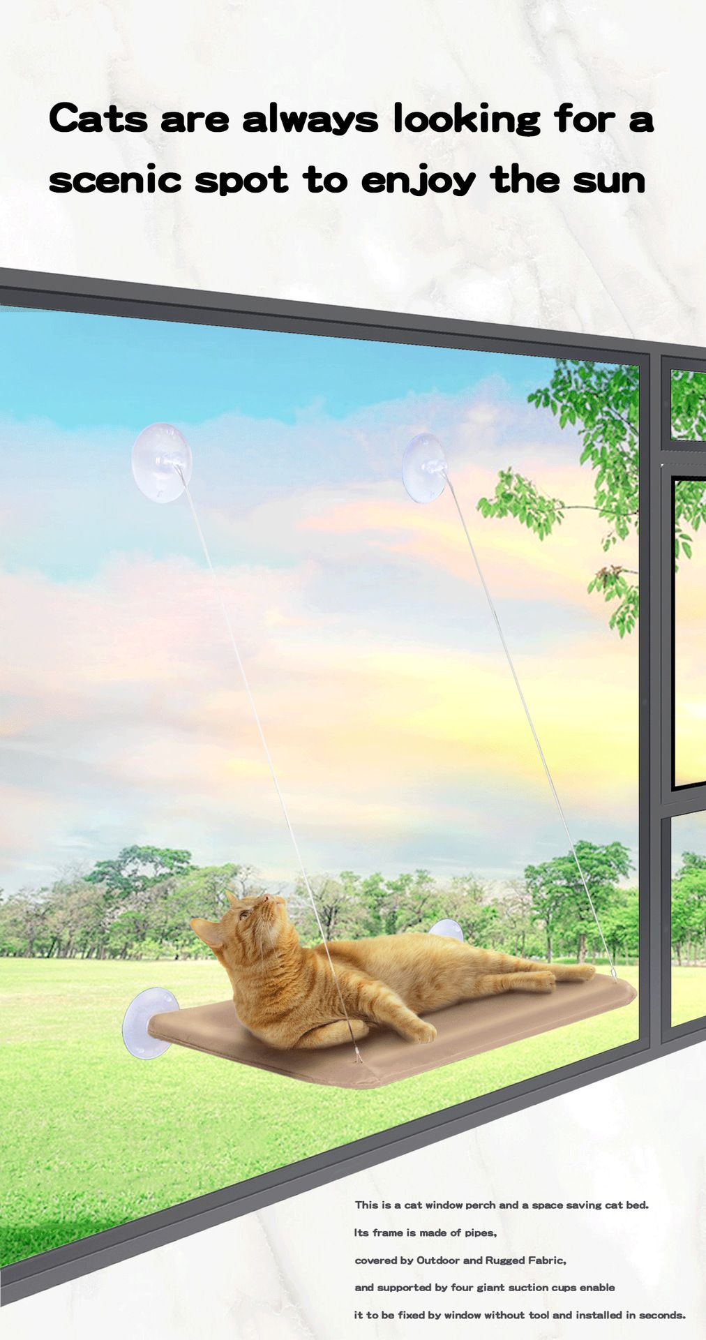 2 Set of Black Cat Window Tanning Hammock - 4 Strong Suction Cups & Durable Oxford Removable Cover, Space Saving Bed for Indoor Cats Sunbathing