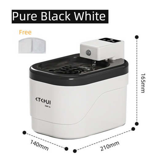Pure Black and White Smart Motion Sensor Wireless Pet Water Fountain - 2L Cordless Quiet Automatic Water Dispenser with Quadruple Filtration for Cats and Dogs
