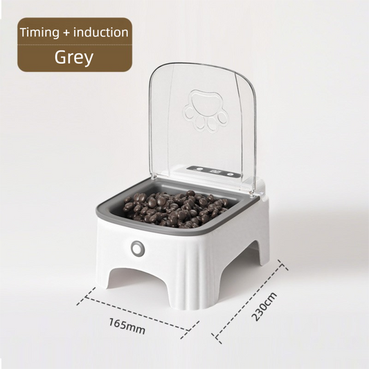 Grey and White Smart Infrared Motion Sensor Automatic Pet Feeder - 700ml Timed Auto Open Lid Food Bowl with LCD Screen & Rechargable Battery for Cats and Dogs