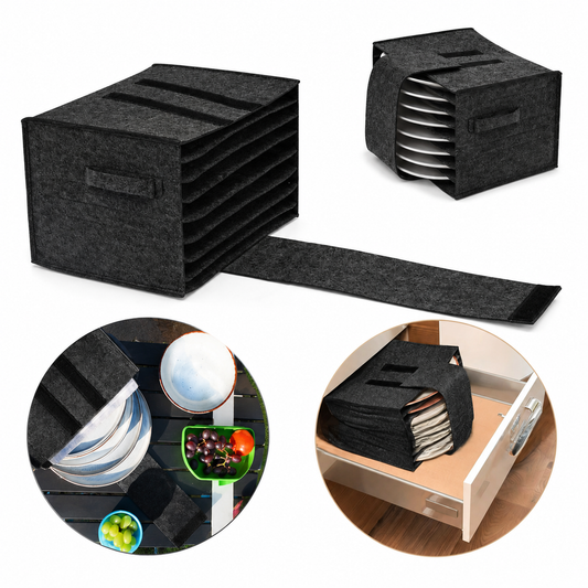 2 Pack Dark Grey Foldable Crockery Storage Organizer (Holds 8 Plates) - Felt Camping & Picnic Dinnerware Storage Box with Handle and Secure Closure