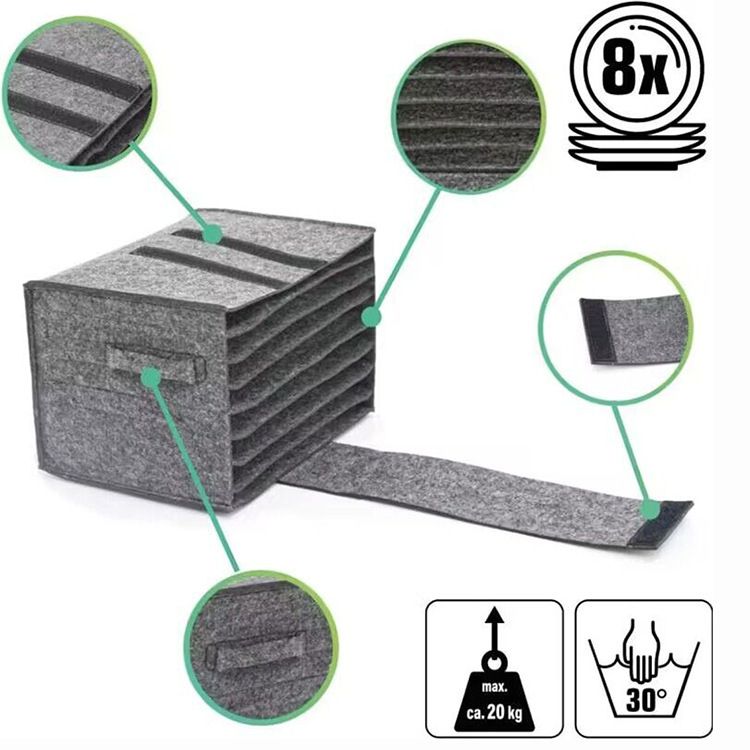 2 Pack Dark Grey Foldable Crockery Storage Organizer (Holds 8 Plates) - Felt Camping & Picnic Dinnerware Storage Box with Handle and Secure Closure