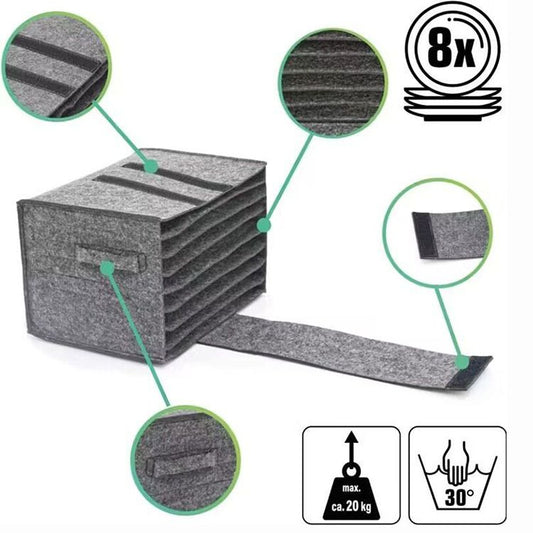 2 Pack Dark Grey Foldable Crockery Storage Organizer (Holds 8 Plates) - Felt Camping & Picnic Dinnerware Storage Box with Handle and Secure Closure