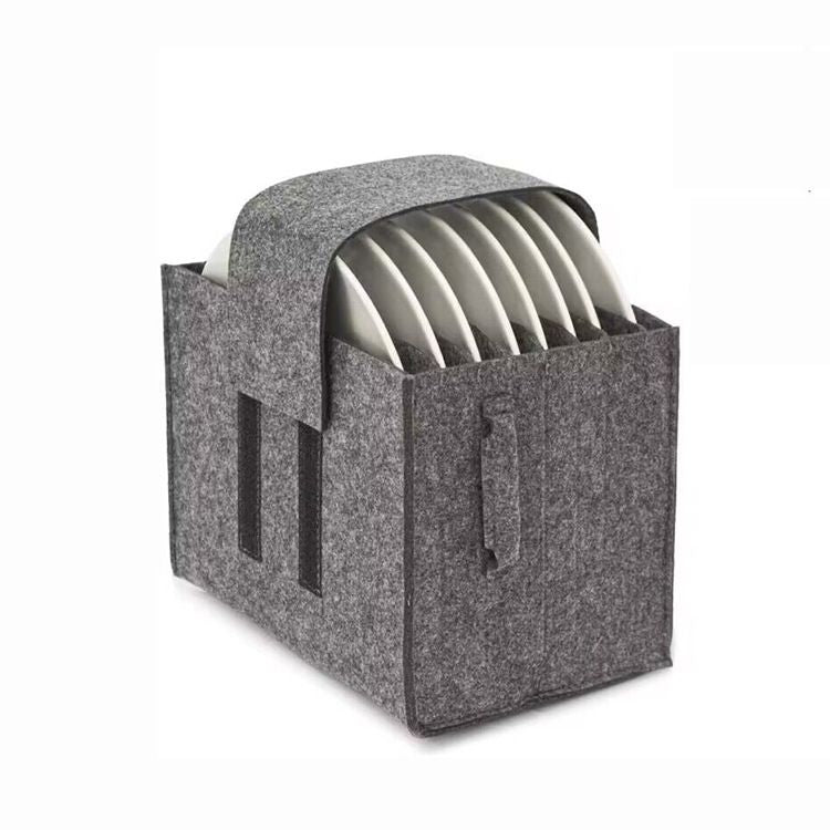 2 Pack Dark Grey Foldable Crockery Storage Organizer (Holds 8 Plates) - Felt Camping & Picnic Dinnerware Storage Box with Handle and Secure Closure