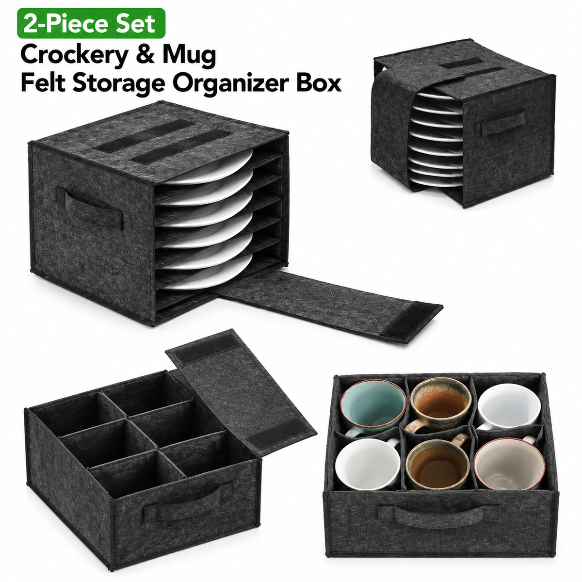 2 Piece Set of Dark Grey Foldable Crockery & Mug Storage Organizer (Holds 8 Plates + 6 Mugs) - Felt Camping & Picnic Dinnerware Storage Box with Handle and Secure Closure