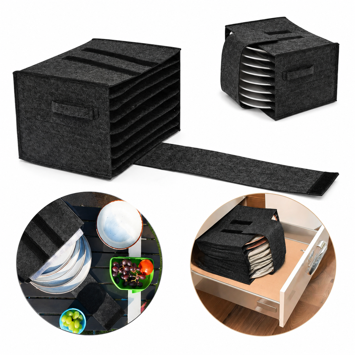 2 Piece Set of Dark Grey Foldable Crockery & Mug Storage Organizer (Holds 8 Plates + 6 Mugs) - Felt Camping & Picnic Dinnerware Storage Box with Handle and Secure Closure