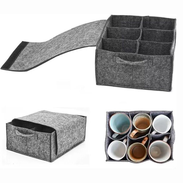 2 Piece Set of Dark Grey Foldable Crockery & Mug Storage Organizer (Holds 8 Plates + 6 Mugs) - Felt Camping & Picnic Dinnerware Storage Box with Handle and Secure Closure