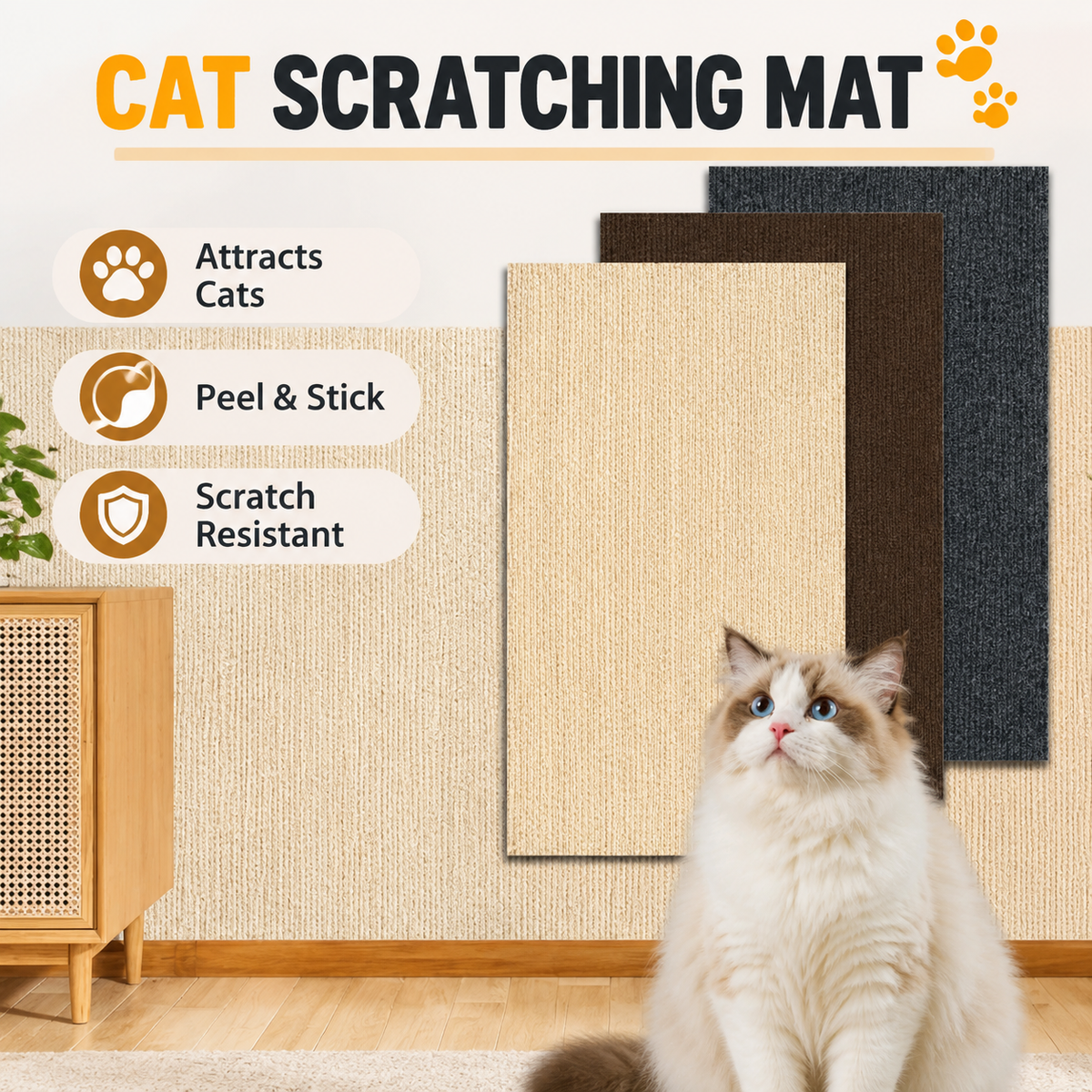60 x 100 CM Grey Self-Adhesive Cuttable Cat Scratching Mat - Durable Wall Climber / Floor Nest Pad / Furniture Protector for Cats & Dogs
