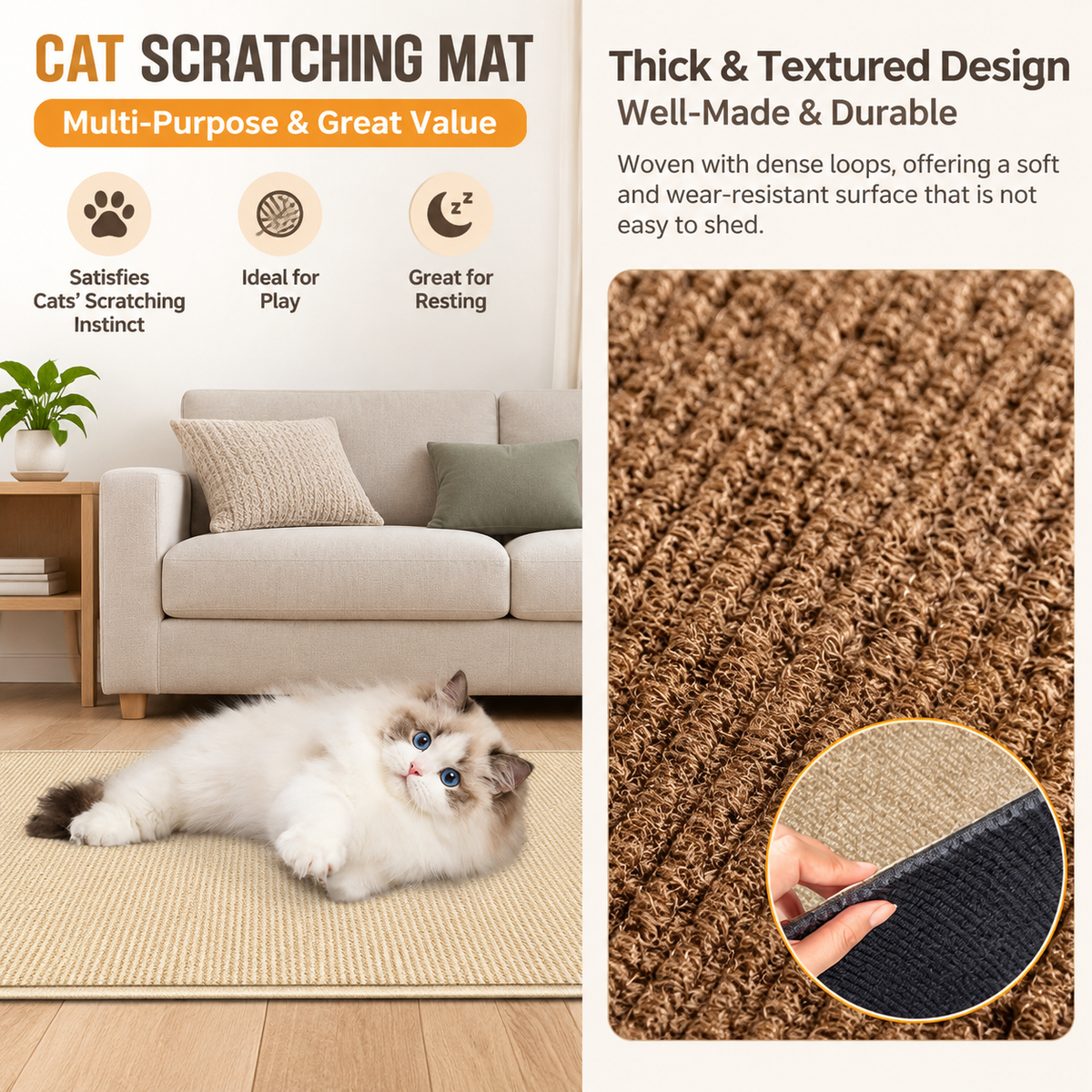60 x 100 CM Grey Self-Adhesive Cuttable Cat Scratching Mat - Durable Wall Climber / Floor Nest Pad / Furniture Protector for Cats & Dogs