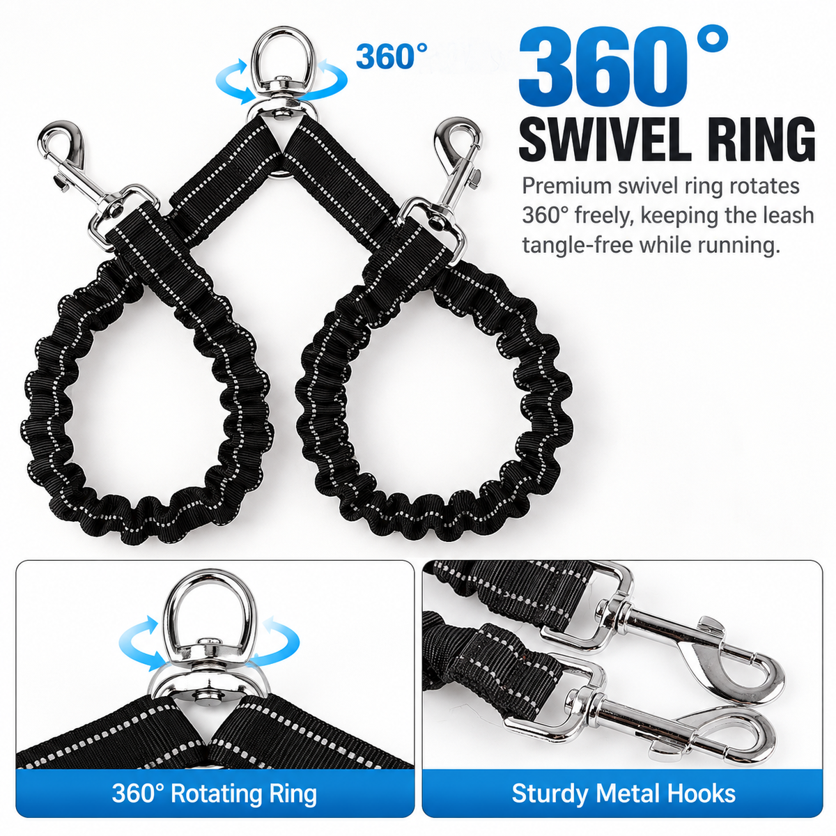 2 Packs No-Tangle Dual Dog Leash Splitter (2.5 x 80 CM) - Heavy Duty Reflective Nylon Bungee Double Dog Coupler