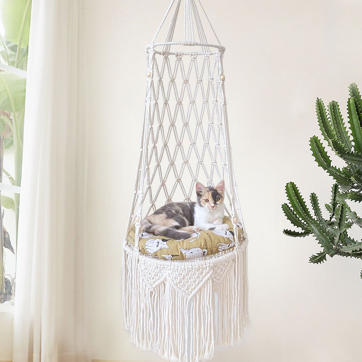 Boho Macrame Hanging Cat Hammock with Round Cushion, 112 cm shown in the product image