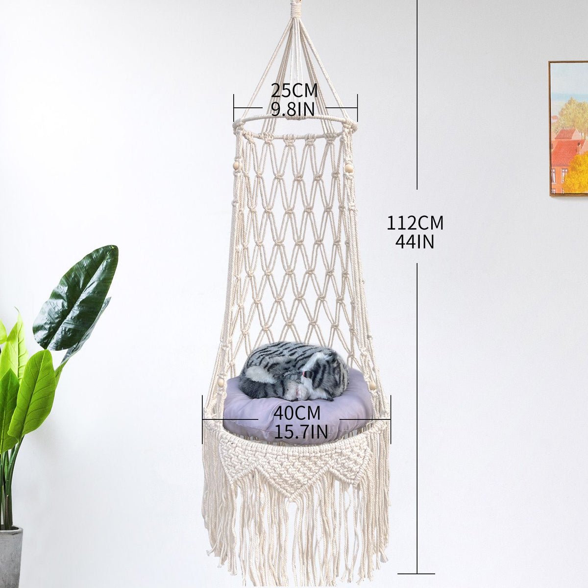 Additional product view: Boho Macrame Hanging Cat Hammock with Round Cushion, 112 cm