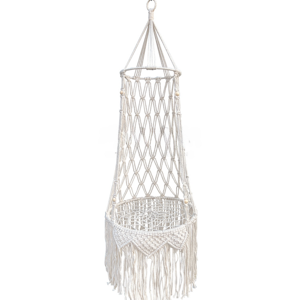 Boho Macrame Hanging Cat Hammock with Wooden Beads, 112 cm shown in the product image