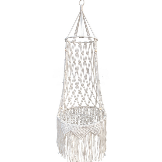 Boho Macrame Hanging Cat Hammock with Wooden Beads, 112 cm shown in the product image