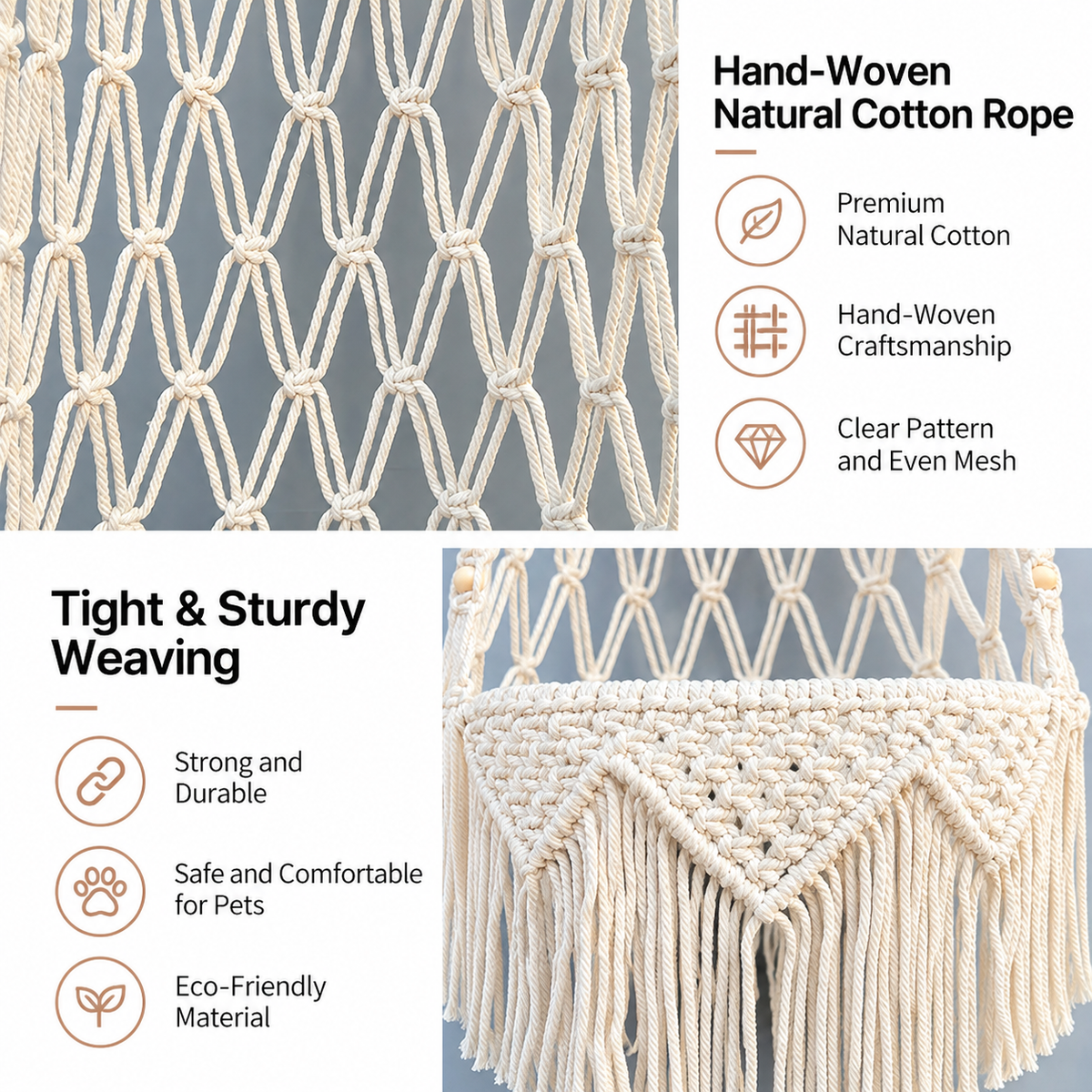 Additional product view: Boho Macrame Hanging Cat Hammock with Wooden Beads, 112 cm