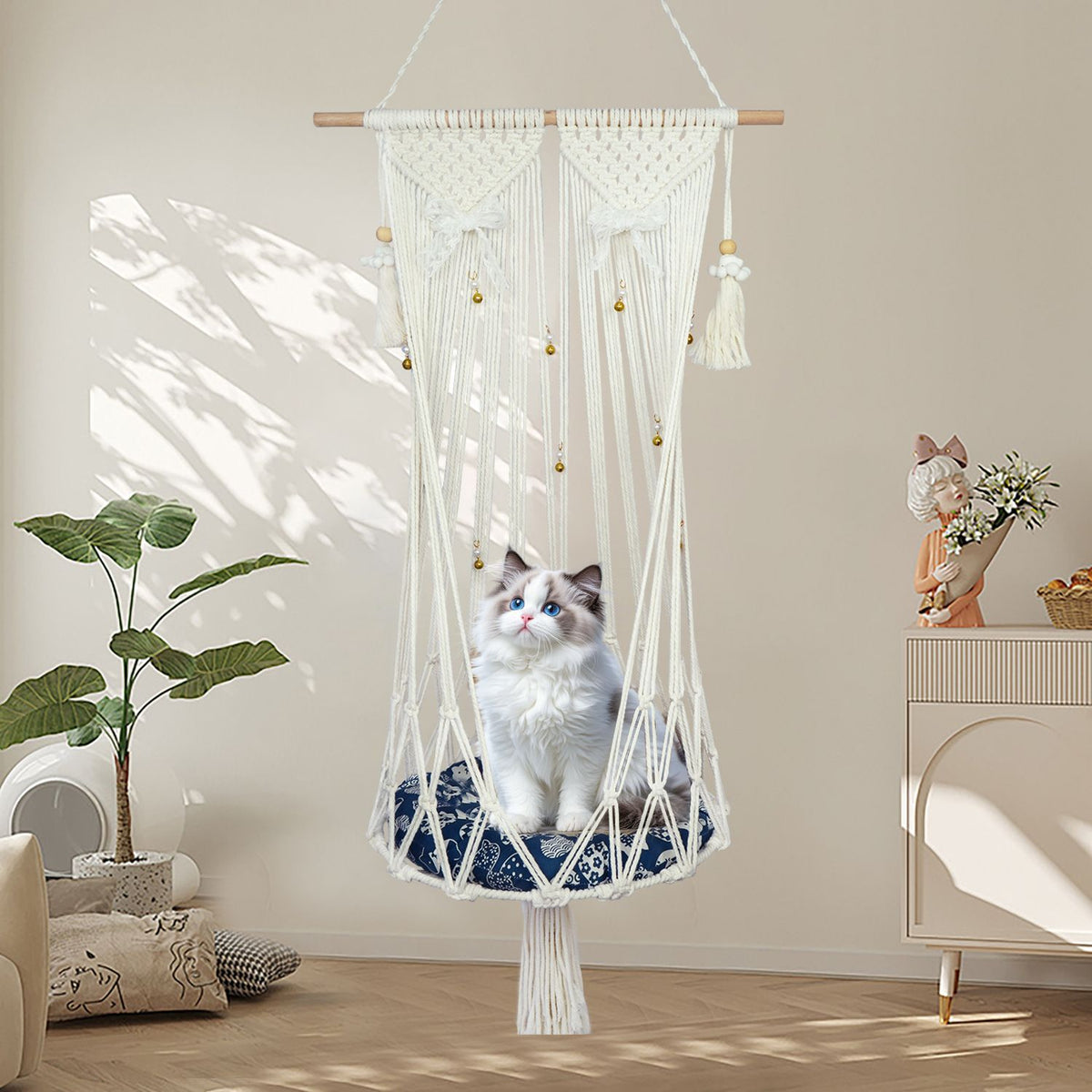 Boho Macrame Hanging Cat Hammock with Bells, 109 cm shown in the product image