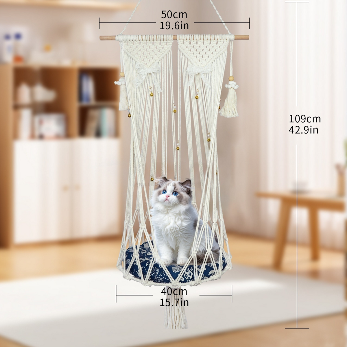 Additional product view: Boho Macrame Hanging Cat Hammock with Bells, 109 cm