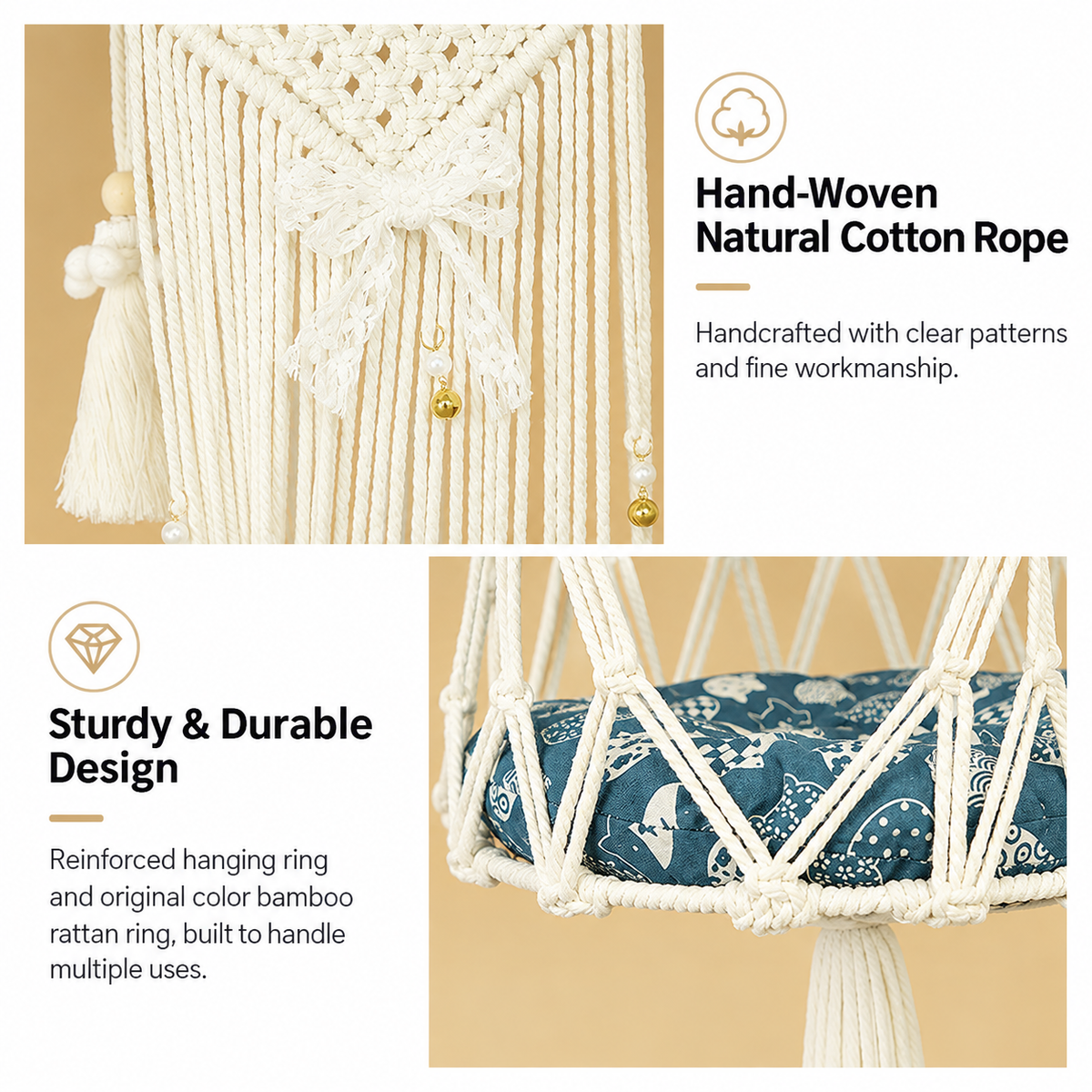 Additional product view: Boho Macrame Hanging Cat Hammock with Bells, 109 cm