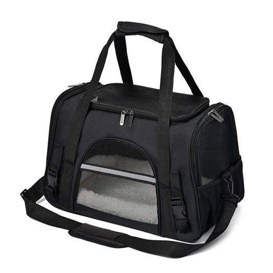 Product image: Black Foldable Pet Carrier Bag - Breathable Mesh Soft Sided Travel Carrier, Handheld and Shoulder Carry Design for