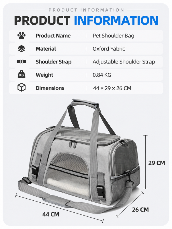 Black Foldable Pet Carrier Bag - Breathable Mesh Soft Sided Travel Carrier, Handheld and Shoulder Carry Design for Cats and Small Dogs up to Approx. 7.5 kg