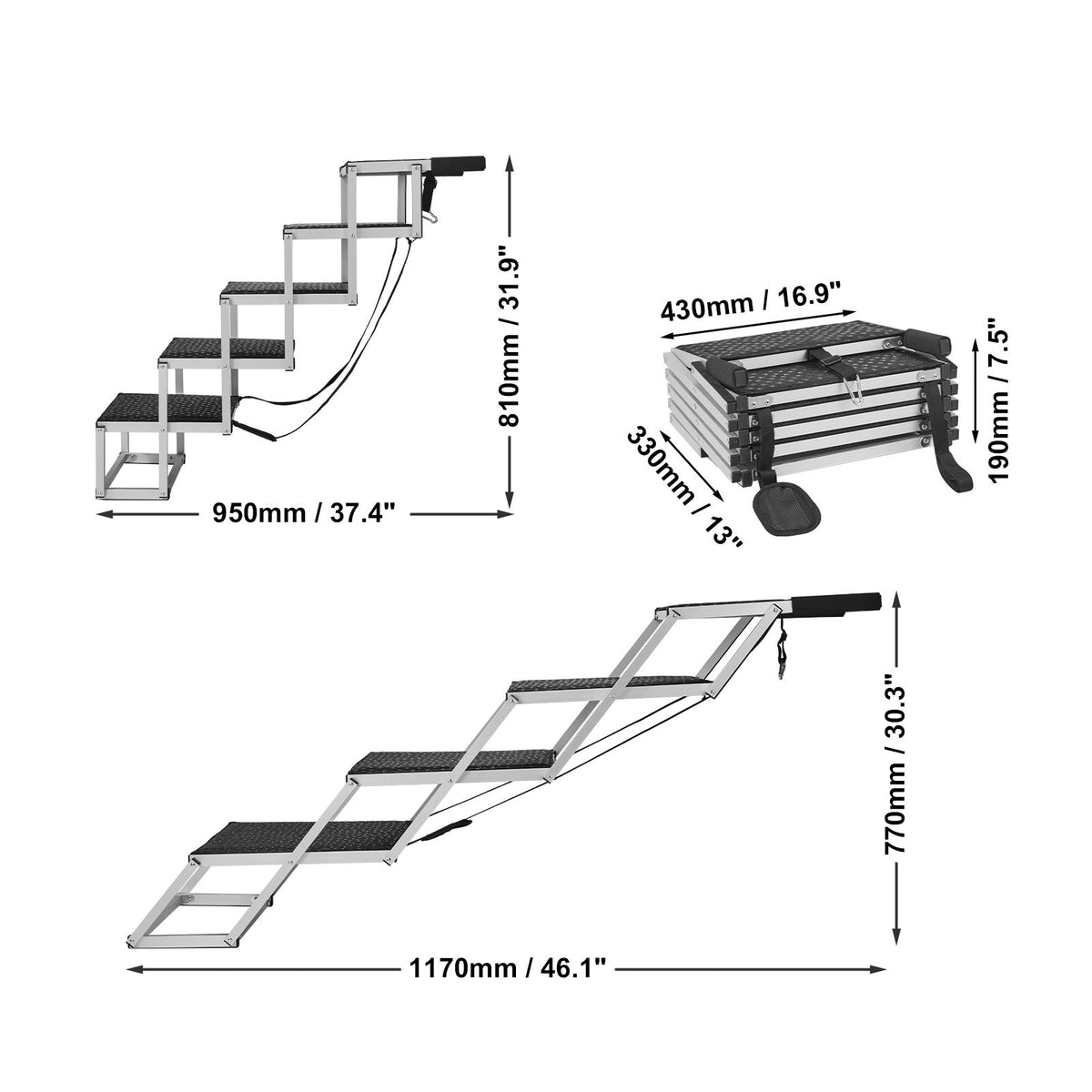 Dog Stair for Cars, Wide 5-step Dog Car Steps, Folding Dog Car Ramp with Nonslip Surface, Portable Pet Steps Lightweight Aluminum for Car, SUV and Truck, Supports up to 150 lbs